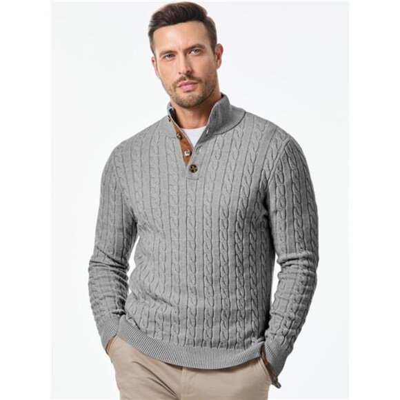 NEW Men's Cable Knit Pullover Sweater Casual Long Sleeve Stand Collar - Picture 3 of 6